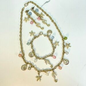 NECKLACE BRACELET EARRING SET Ocean Gold Pink Blue Shell Starfish Coastal Sea